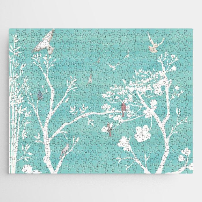 Society6 Chinoiserie Panels 1-2 White Scene On Teal Raw Silk Casart Scenoiserie Collection by Casart on 
